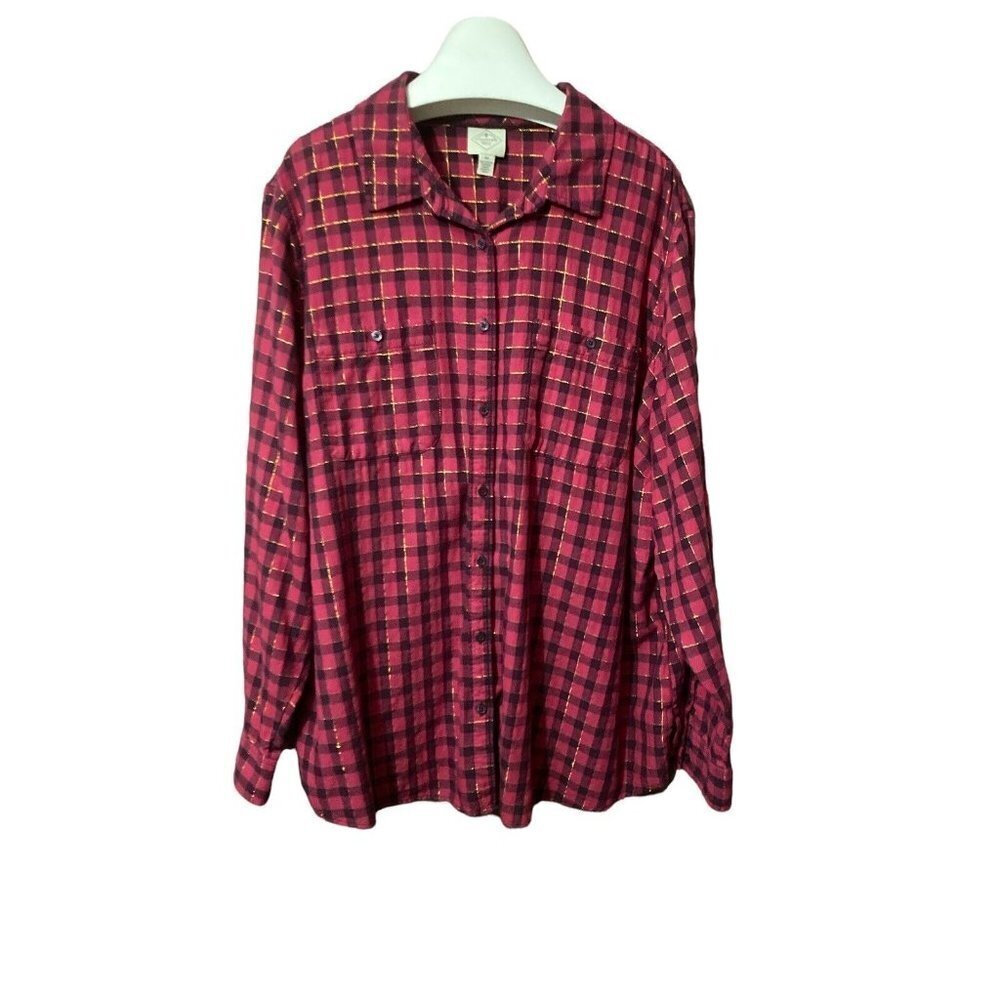 ST John’s Bay Women’s 2X Plus Hot Pink Gold Plaid Button Up Long Sleeve Top